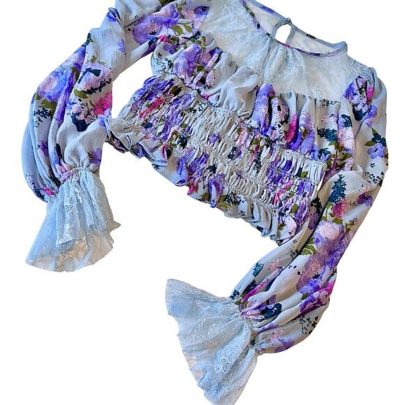 Free People Daphne Blouse In Silver Blue Combo Smocked Top Sz Small $128 - Picture 5 of 10